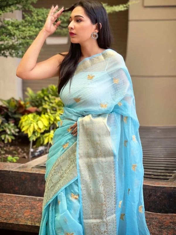 Sky blue organza sequence embroidered designer party wear saree - sky blue