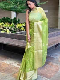 Yellow organza sequence embroidered designer party wear saree - yellow