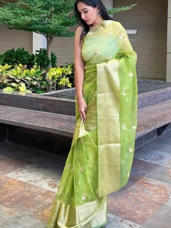 Yellow organza sequence embroidered designer party wear saree - yellow