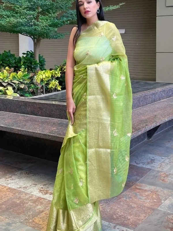 Yellow organza sequence embroidered designer party wear saree - yellow