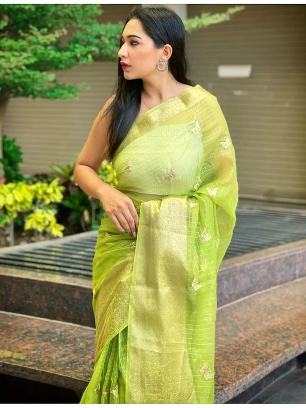 Yellow organza sequence embroidered designer party wear saree - yellow