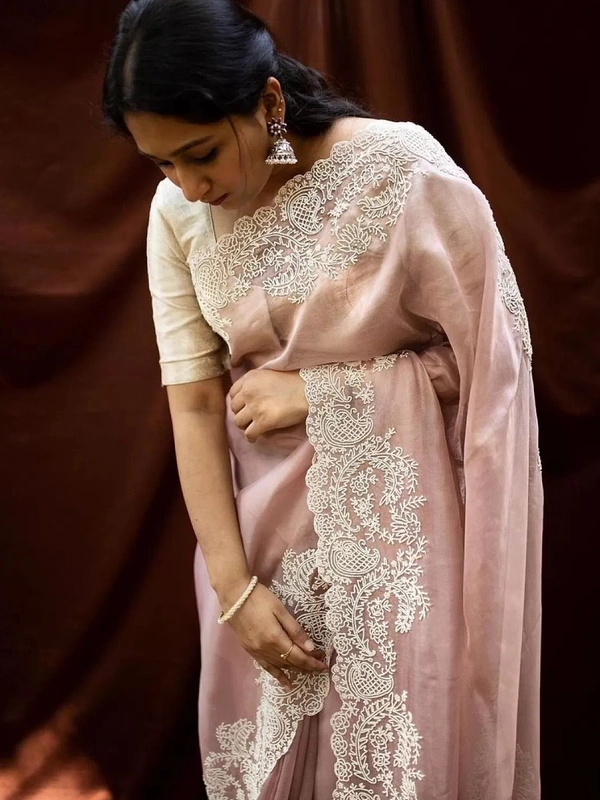 Dusty rose soft pure organza embroidered work party wear saree - dusty rose