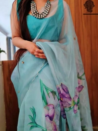 Sea green soft organza digital floral printed work saree - sea green