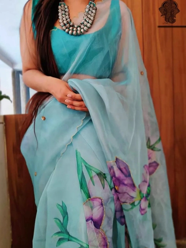 Sea green soft organza digital floral printed work saree - sea green