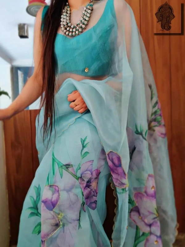 Sea green soft organza digital floral printed work saree - sea green