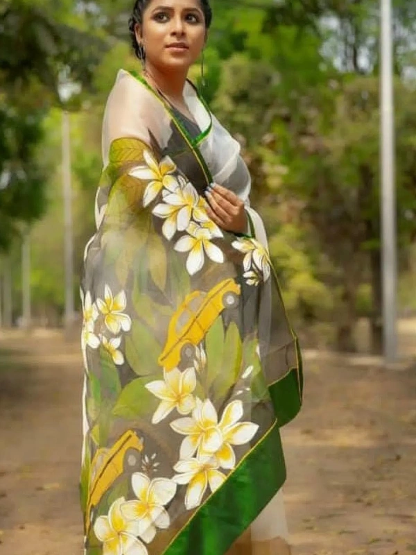 White soft silk organza digital printed work saree - white