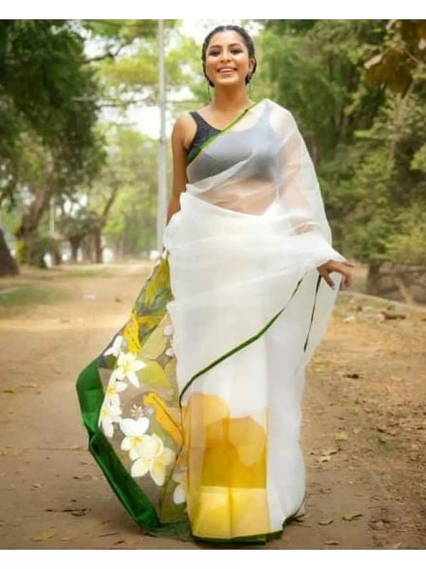 White soft silk organza digital printed work saree - white