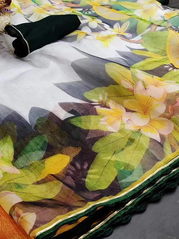 White soft silk organza digital printed work saree - white