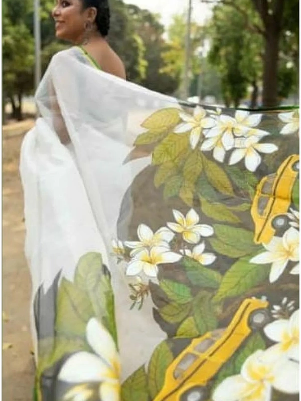 White soft silk organza digital printed work saree - white