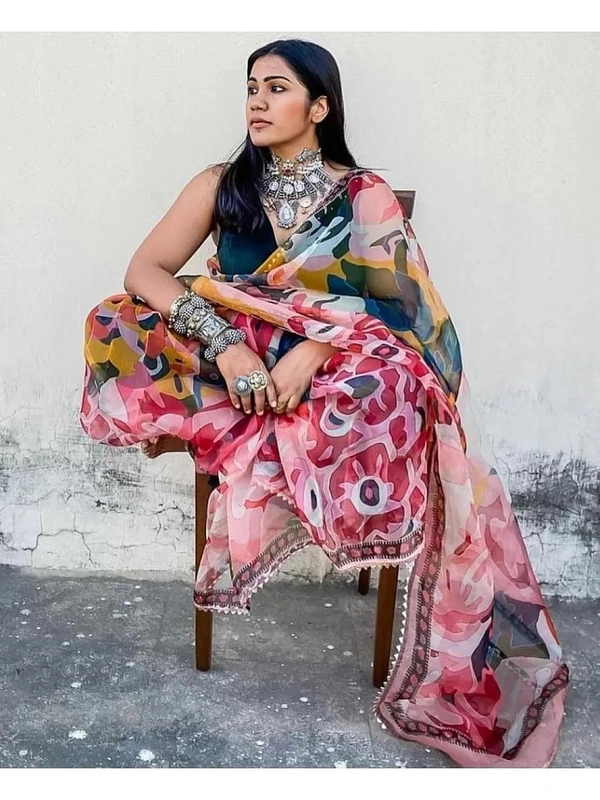 Multicolour soft organza silk digital printed work saree - multicolour 