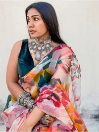 Multicolour soft organza silk digital printed work saree - multicolour 
