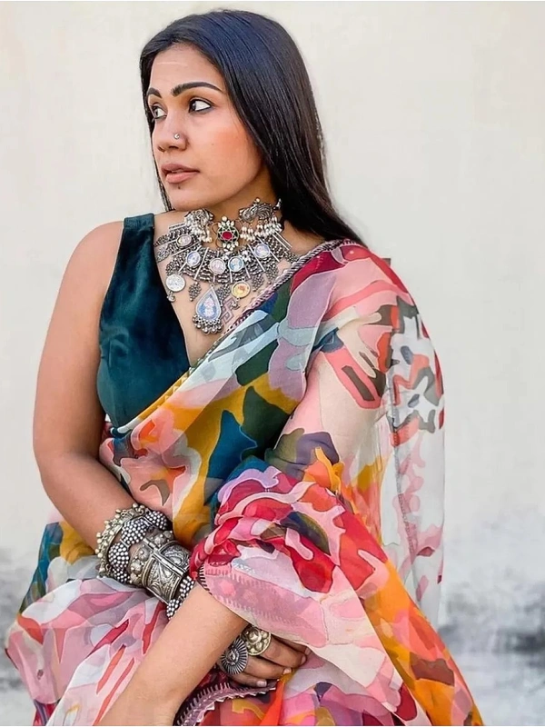 Multicolour soft organza silk digital printed work saree - multicolour 