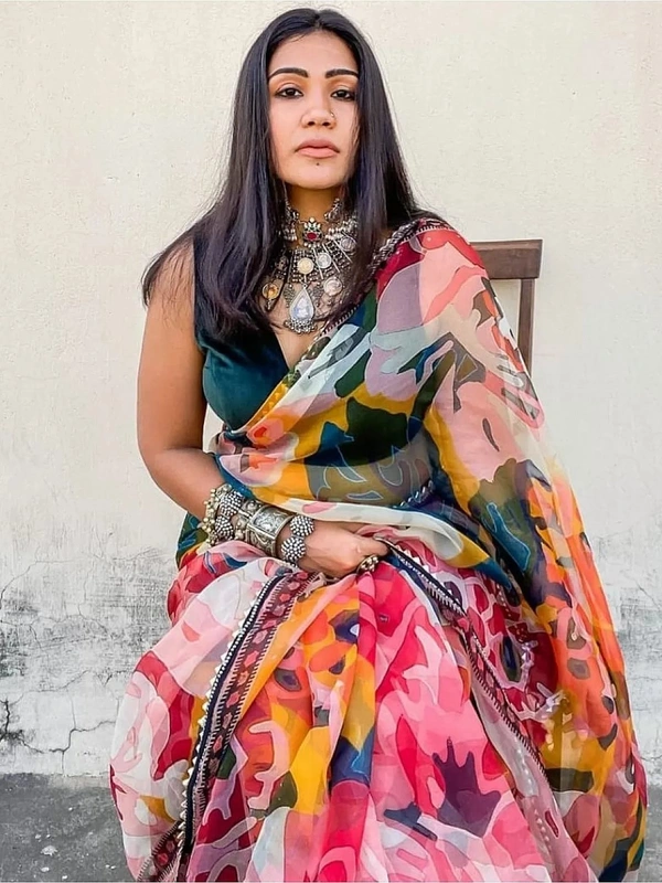Multicolour soft organza silk digital printed work saree - multicolour 