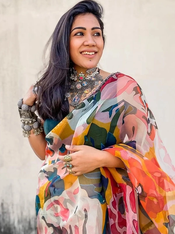 Multicolour soft organza silk digital printed work saree - multicolour 