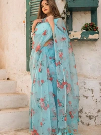 Sky blue soft organza floral printed work saree - sky blue