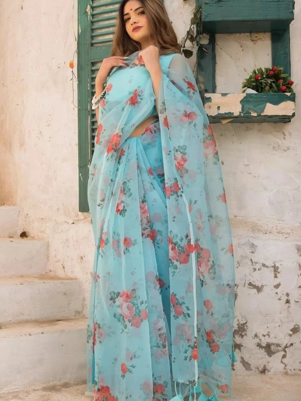 Sky blue soft organza floral printed work saree - sky blue