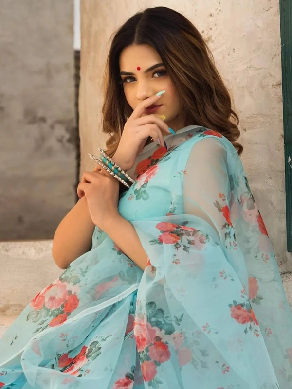Sky blue soft organza floral printed work saree - sky blue