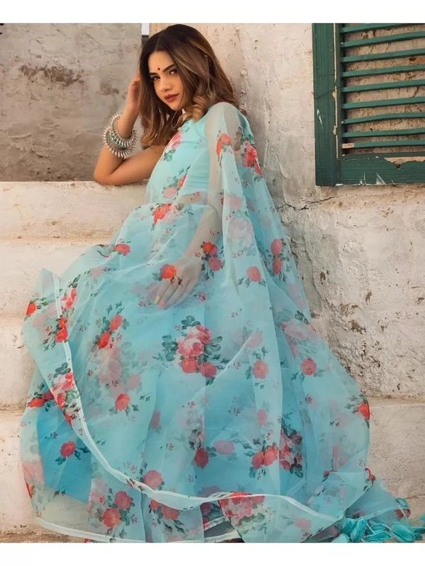 Sky blue soft organza floral printed work saree - sky blue