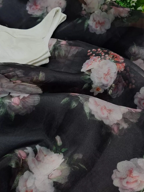 Black soft organza digital floral printed work saree - Black 
