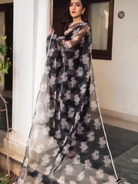 Black soft organza digital floral printed work saree - Black 