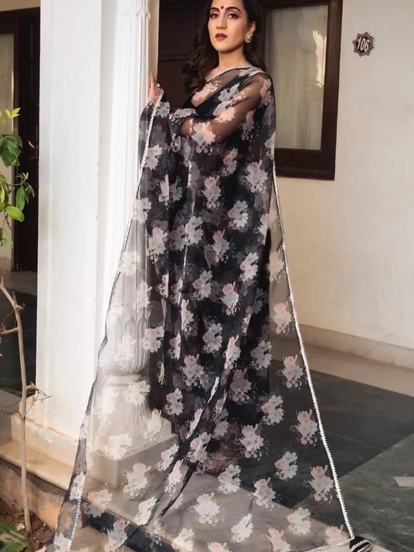 Black soft organza digital floral printed work saree - Black 