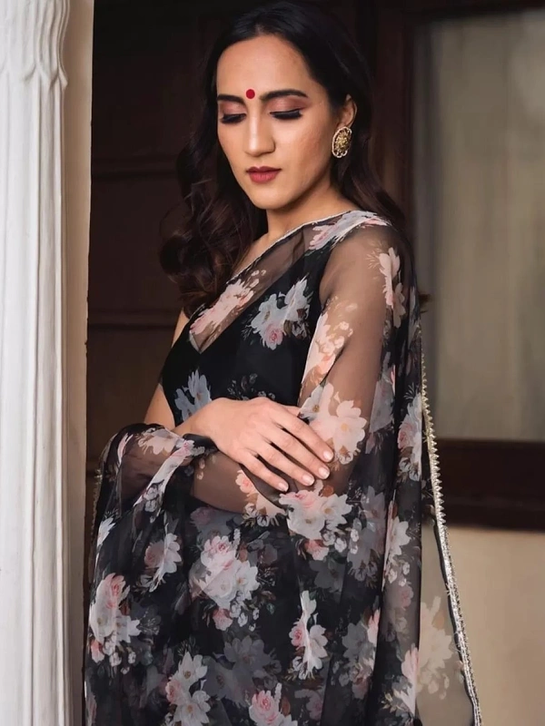 Black soft organza digital floral printed work saree - Black 