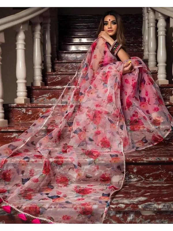 Baby pink soft organza silk floral printed work saree - baby pink