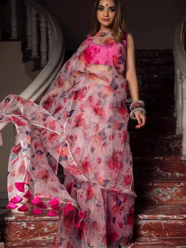 Baby pink soft organza silk floral printed work saree - baby pink