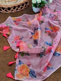 Baby pink soft organza silk floral printed work saree - baby pink
