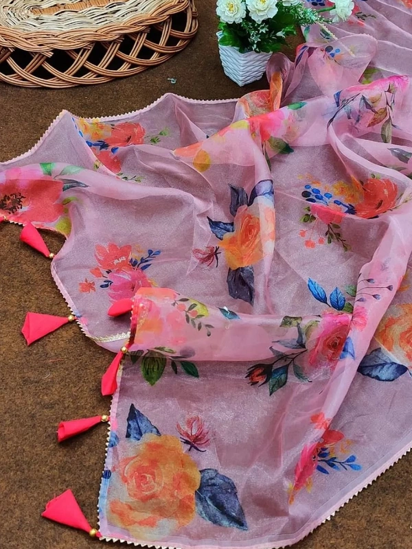 Baby pink soft organza silk floral printed work saree - baby pink