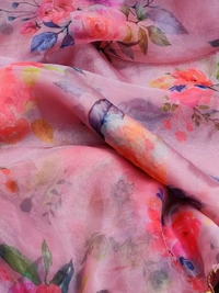 Baby pink soft organza silk floral printed work saree - baby pink
