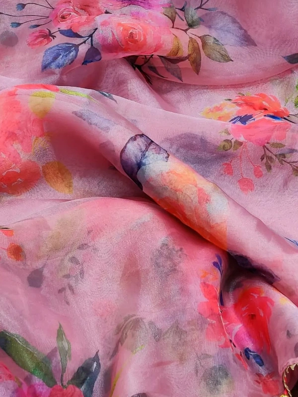Baby pink soft organza silk floral printed work saree - baby pink