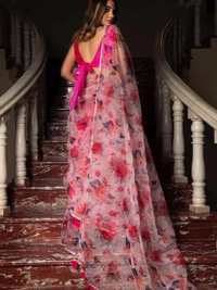 Baby pink soft organza silk floral printed work saree - baby pink