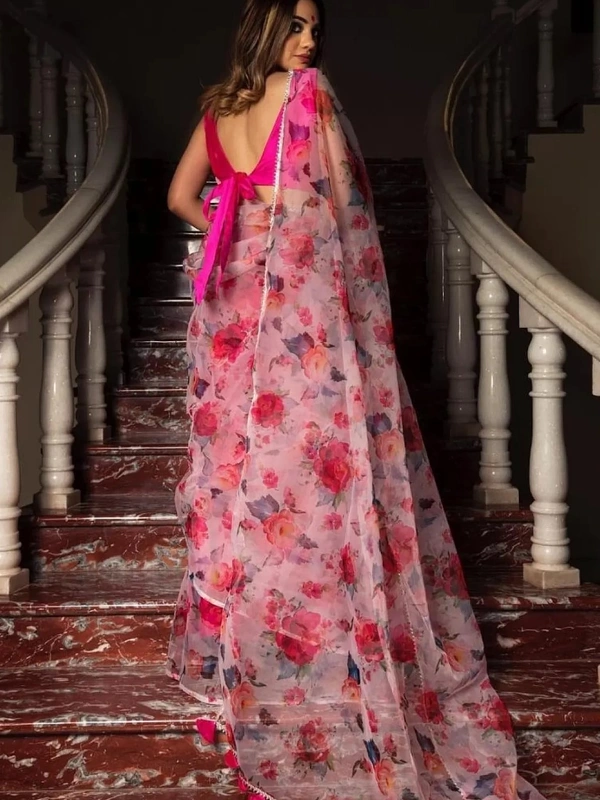 Baby pink soft organza silk floral printed work saree - baby pink