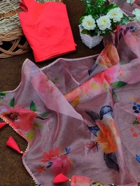 Baby pink soft organza silk floral printed work saree - baby pink
