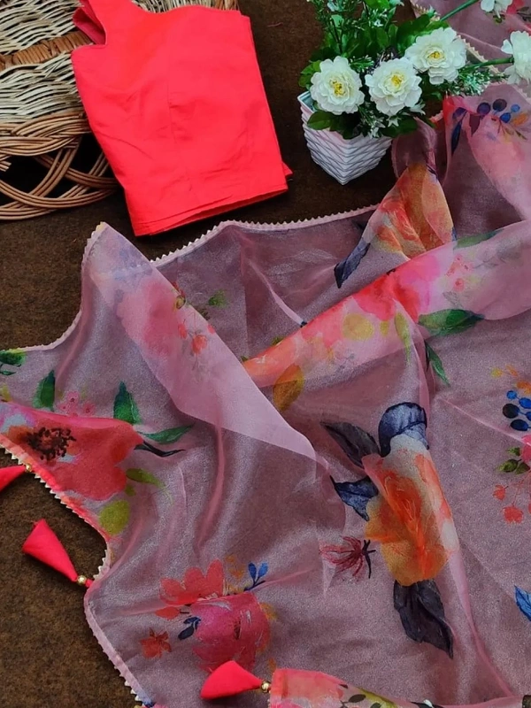 Baby pink soft organza silk floral printed work saree - baby pink