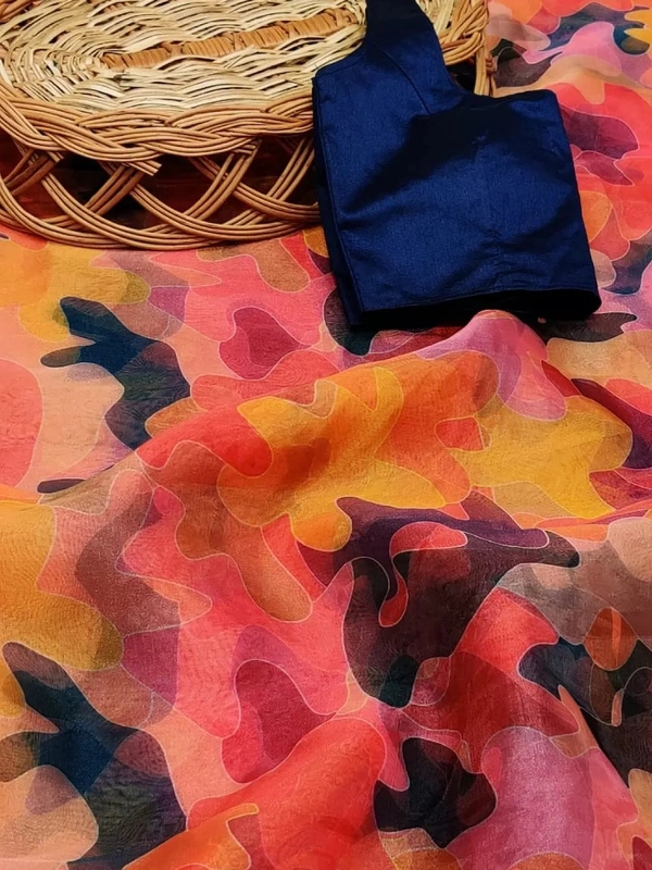 Multicolour organza silk digital printed work saree - multicolour