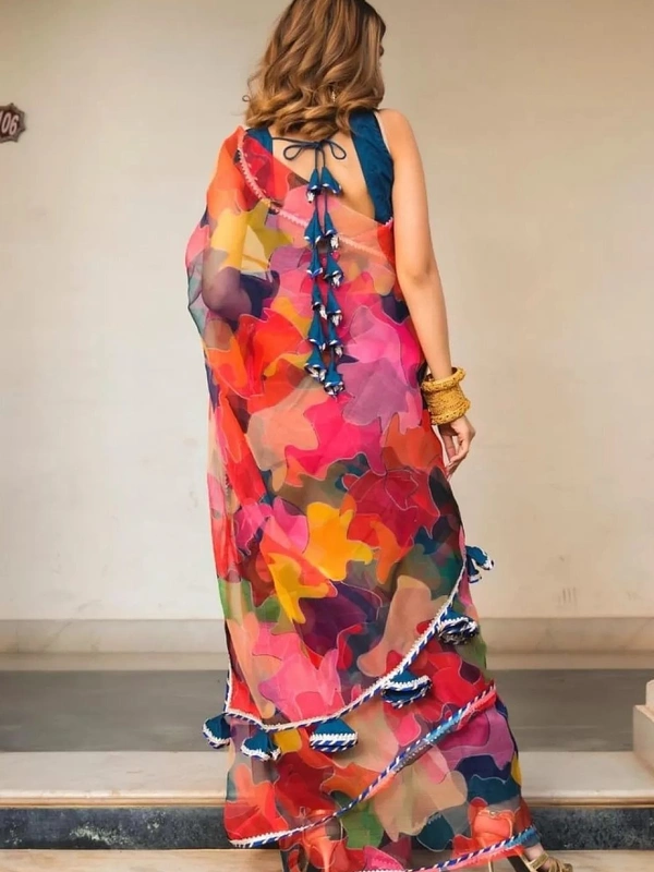 Multicolour organza silk digital printed work saree - multicolour