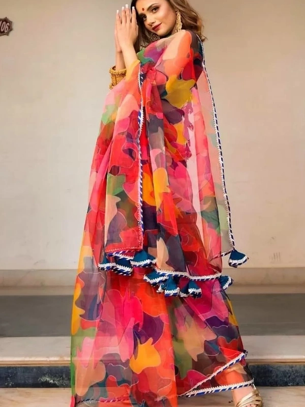 Multicolour organza silk digital printed work saree - multicolour