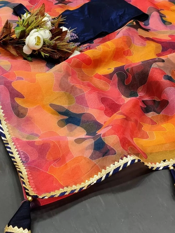 Multicolour organza silk digital printed work saree - multicolour