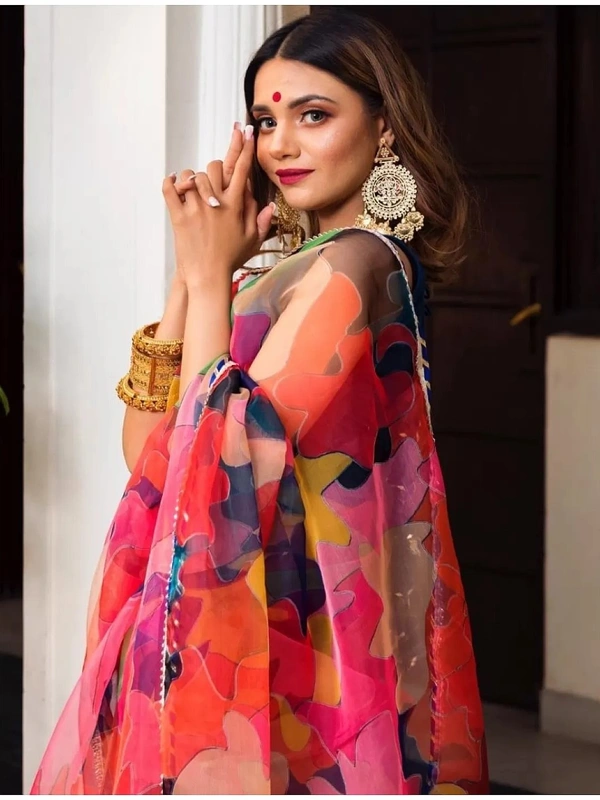 Multicolour organza silk digital printed work saree - multicolour