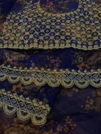 Navy blue organza with print and cording sequence work saree - navy blue