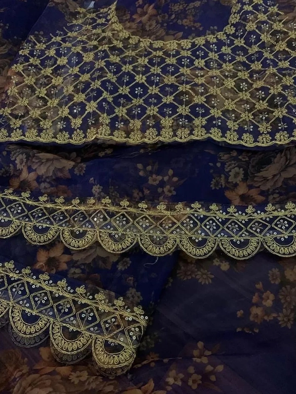 Navy blue organza with print and cording sequence work saree - navy blue
