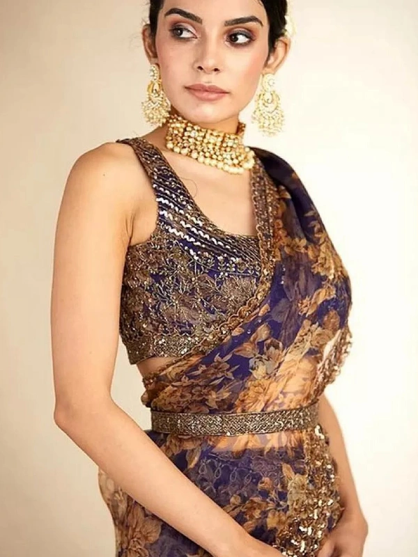 Navy blue organza with print and cording sequence work saree - navy blue