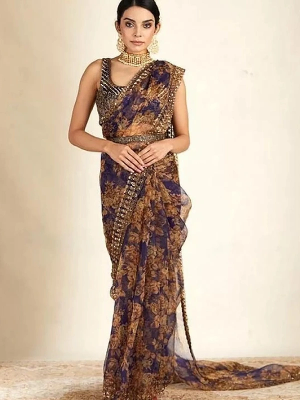 Navy blue organza with print and cording sequence work saree - navy blue
