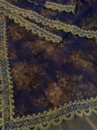 Navy blue organza with print and cording sequence work saree - navy blue