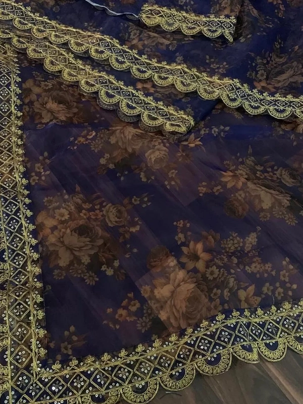 Navy blue organza with print and cording sequence work saree - navy blue