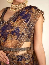Navy blue organza with print and cording sequence work saree - navy blue