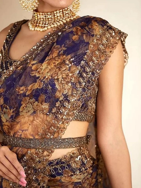 Navy blue organza with print and cording sequence work saree - navy blue