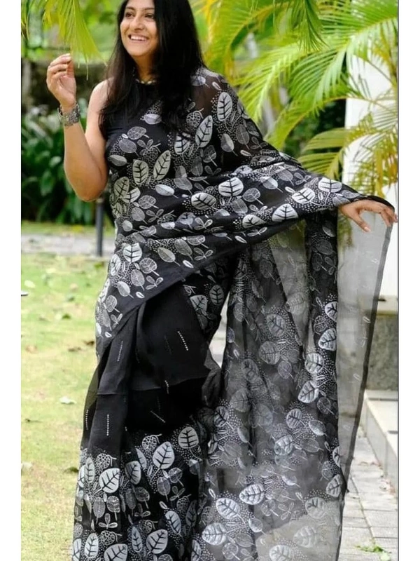 Black organza digital printed saree - black